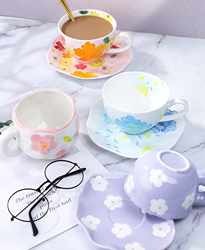 Noviko Purple Flower Mug and Saucer Set - Cute Ceramic Mug for Girls and Mom - 7 oz - Image 4
