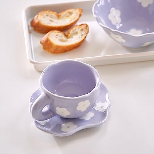 Noviko Purple Flower Mug and Saucer Set - Cute Ceramic Mug for Girls and Mom - 7 oz - Image 5
