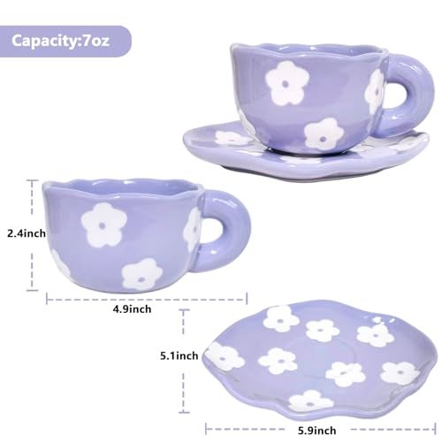 Noviko Purple Flower Mug and Saucer Set - Cute Ceramic Mug for Girls and Mom - 7 oz - Image 2