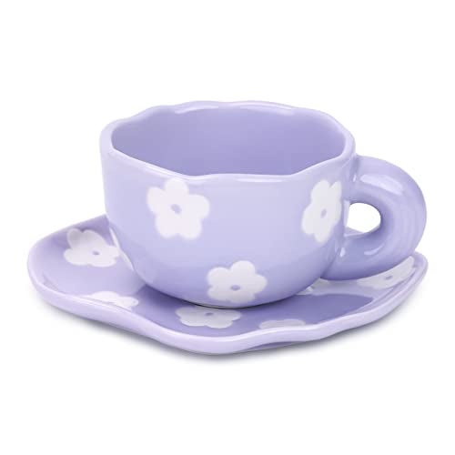 Noviko Purple Flower Mug and Saucer Set - Cute Ceramic Mug for Girls and Mom - 7 oz - Image 3