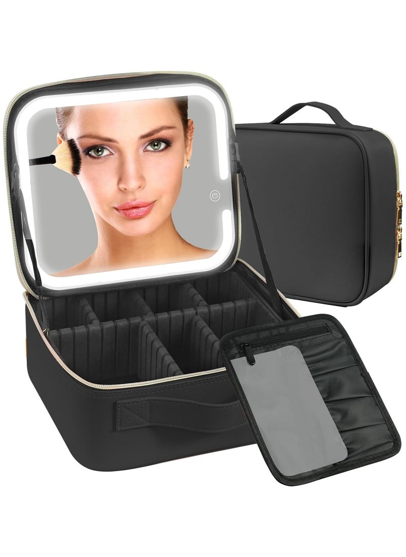 AUTOYSUR Travel Makeup Case with Lighted Mirror 3 Color Setting,Cosmetic Makeup Train Case with Adjustable Divider,Travel Makeup Bag with Light Up Mirror for Makeup Brushes,Makeup Accessories,Tools Case,Women (Black)  - Image 1