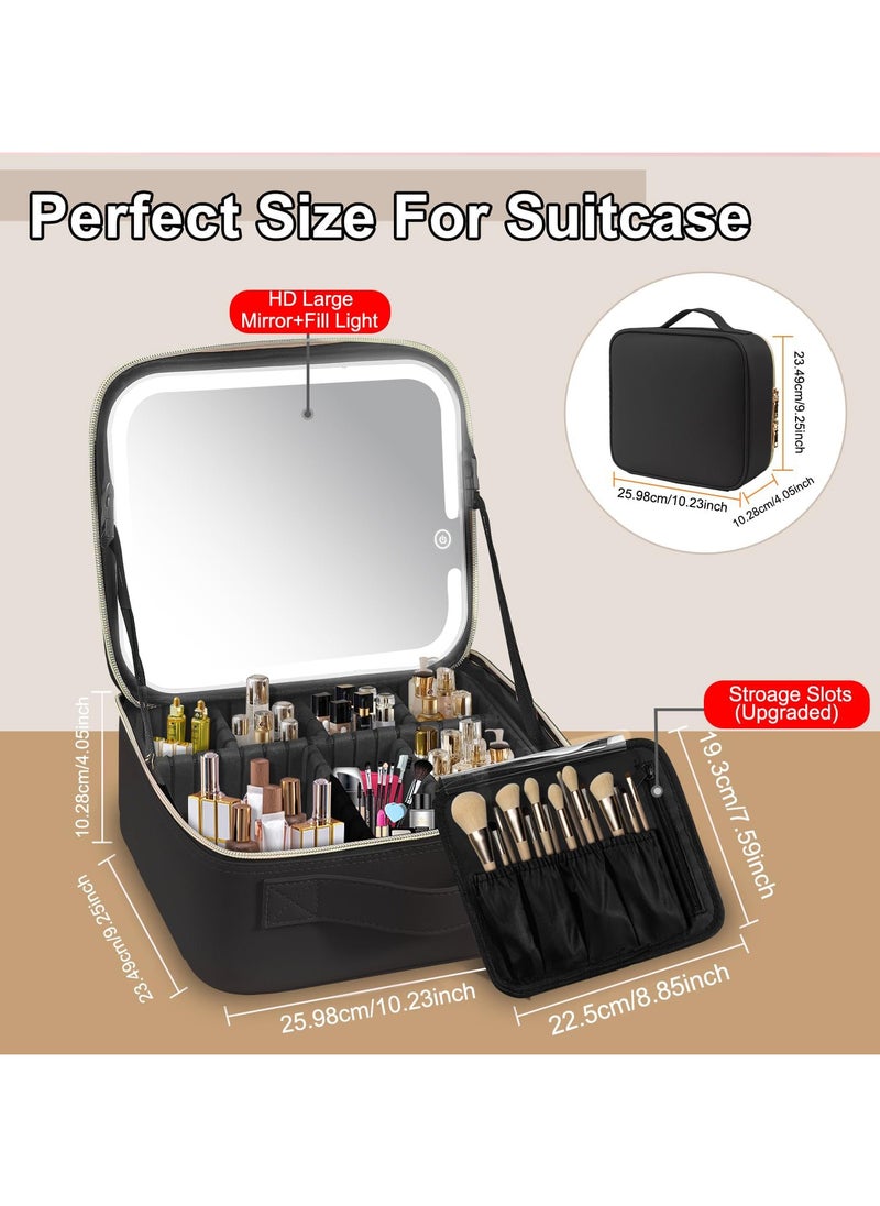 AUTOYSUR Travel Makeup Case with Lighted Mirror 3 Color Setting,Cosmetic Makeup Train Case with Adjustable Divider,Travel Makeup Bag with Light Up Mirror for Makeup Brushes,Makeup Accessories,Tools Case,Women (Black)  - Image 2