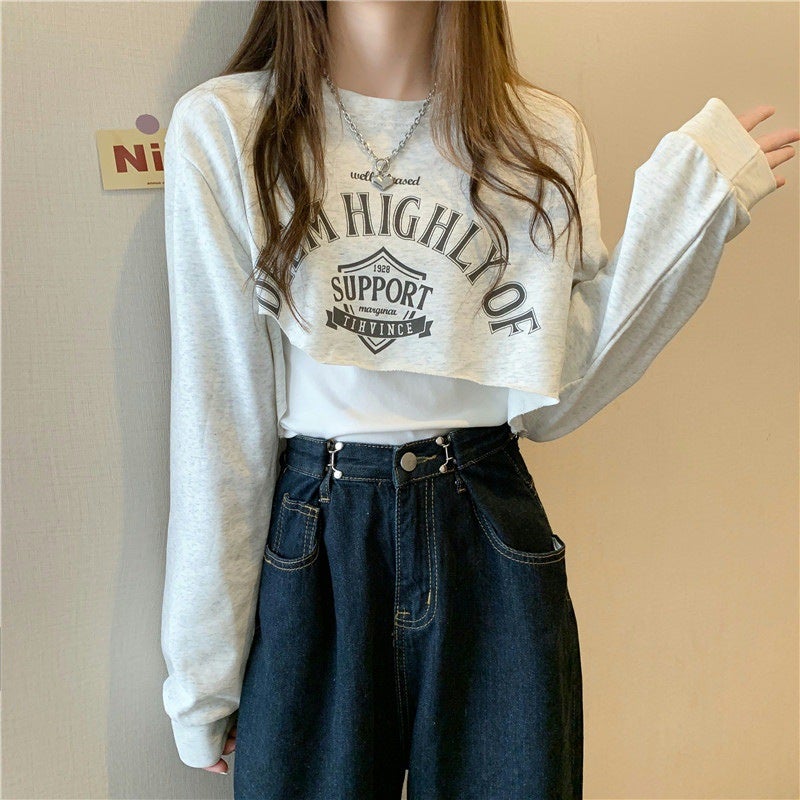 Womens Sweater Design Sense New Spring and Autumn Student Thin Loose Korean Short Two-piece Vest Top Grey - Image 1