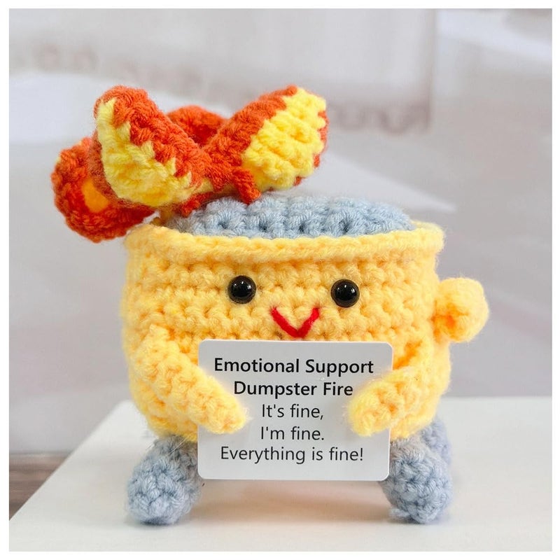 RovyFota Emotional Support Crochet Dumpster Fire with Positive Card Cute Room Decor Knitted Toys Funny Crochet Support Buddies Gifts for Friends (Yellow) - Image 1