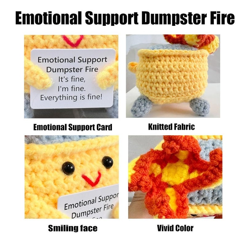 RovyFota Emotional Support Crochet Dumpster Fire with Positive Card Cute Room Decor Knitted Toys Funny Crochet Support Buddies Gifts for Friends (Yellow) - Image 2