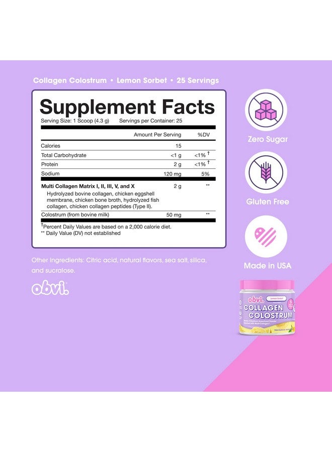 Obvi Collagen Peptide Colostrum Powder | Multi-Collagen Peptides with Grass-Fed Bovine Colostrum | Supports Gut Health, Immune, Skin & Hair | Gluten-Free, Keto-Friendly | Lemon Sorbet, 30 Servings - Image 2