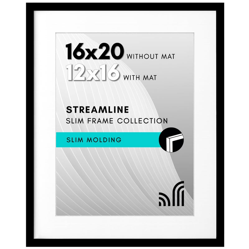 Americanflat 16x20 Picture Frame with Polished Plexiglass - Use as 12x16 Frame with Mat or Display 16x20 Photo Without Mat - Streamline Collection - Thin Border Picture Frames for Wall - Black - Image 1