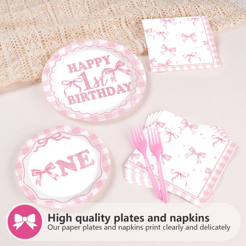 Grencian 96Pcs Pink Bow 1st Birthday Party Decorations Cute Coquette Birthday Plates and Napkins Pink and White Gingham Plaid Tableware Sets for Girls Baby Shower Picnic BBQ 1st Birthday Party Supplies Serve24 - Image 4