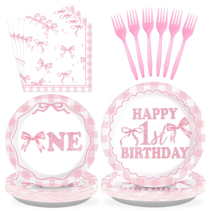 Grencian 96Pcs Pink Bow 1st Birthday Party Decorations Cute Coquette Birthday Plates and Napkins Pink and White Gingham Plaid Tableware Sets for Girls Baby Shower Picnic BBQ 1st Birthday Party Supplies Serve24 - Image 1