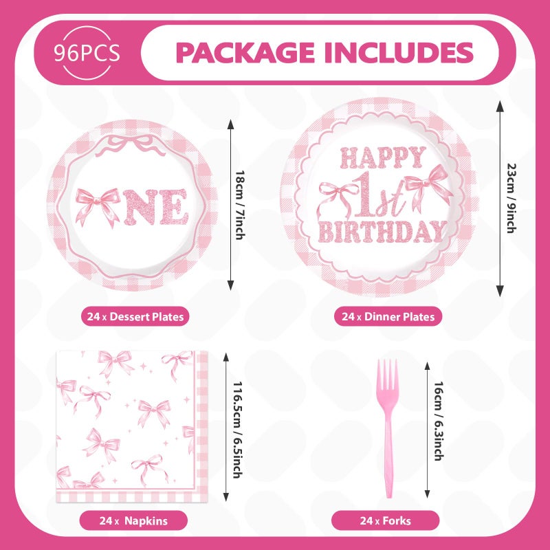 Grencian 96Pcs Pink Bow 1st Birthday Party Decorations Cute Coquette Birthday Plates and Napkins Pink and White Gingham Plaid Tableware Sets for Girls Baby Shower Picnic BBQ 1st Birthday Party Supplies Serve24 - Image 2
