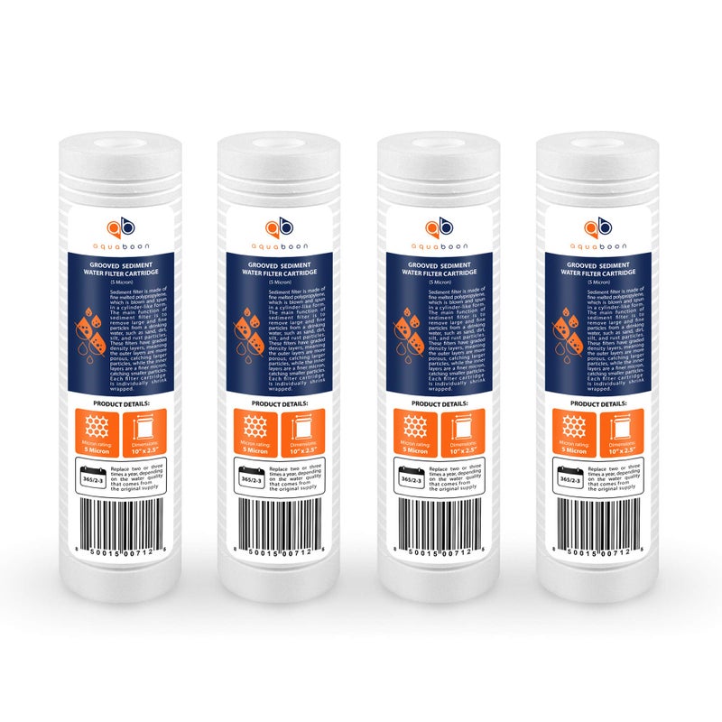 Aquaboon 5 Micron 10 x 25 Grooved Sediment Water Filter Replacement for Whole House Filter Cartridge Compatible with AP110 WHKFGD05 CFS110 4Pack