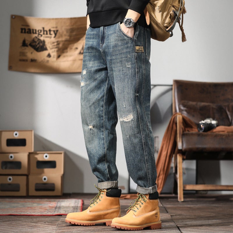2023 Mens Casual Jeans Versatile Patched Retro Blue 