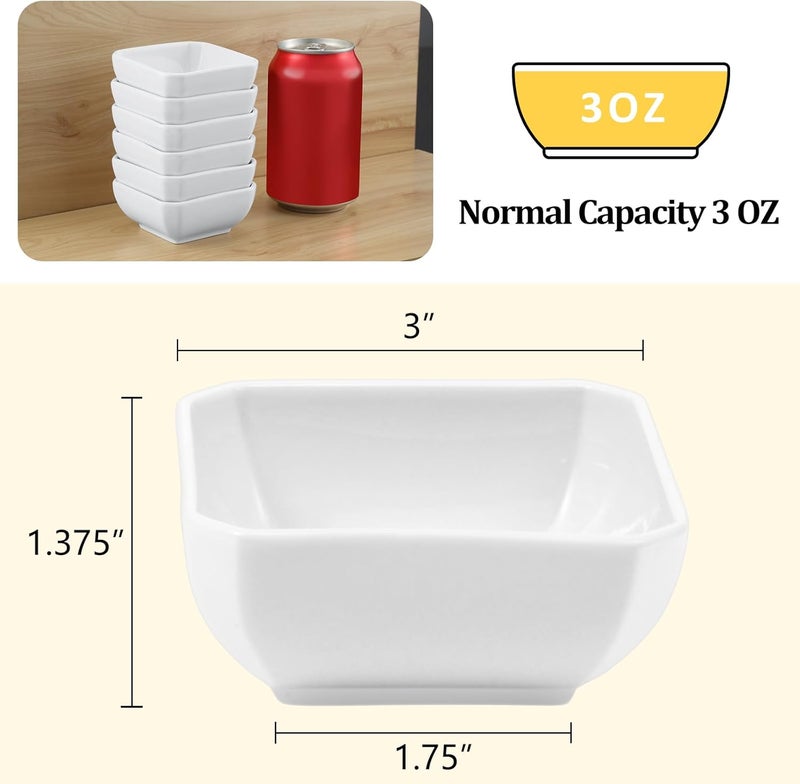 Yedio 3 Oz Square Dip Bowls Set of 6, White Ceramic Dipping Sauce Dishes, Mini Condiment Bowls for Soy Sauce, Sushi, BBQ, Ketchup, Vinegar, Party & Daily Use - Image 2