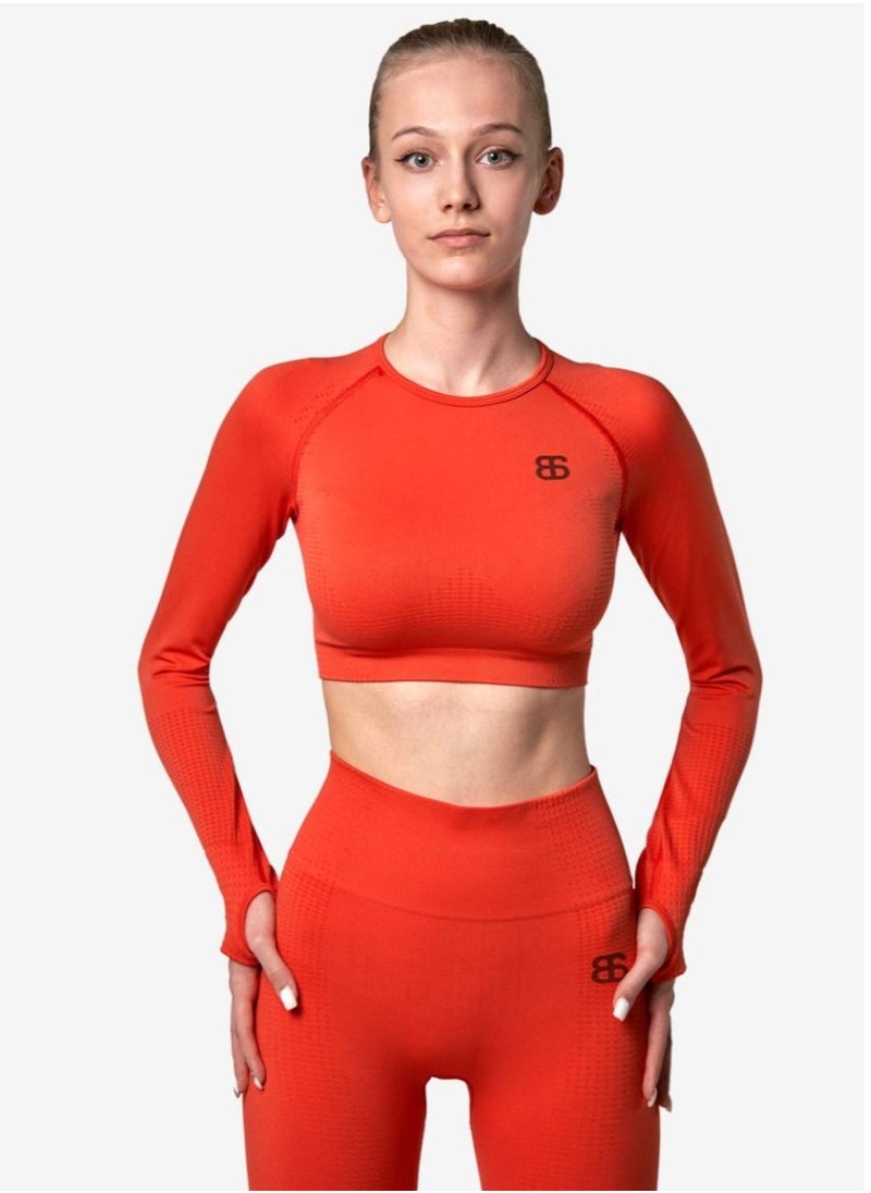 Bernessi Nylon Long Sleeve Crop Top with Round Neck Women's Cropped T Shirt for Workout Yoga Running Exercise Red Tangerine Color  - Image 1