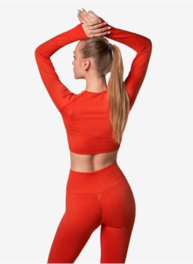 Bernessi Nylon Long Sleeve Crop Top with Round Neck Women's Cropped T Shirt for Workout Yoga Running Exercise Red Tangerine Color  - Image 3