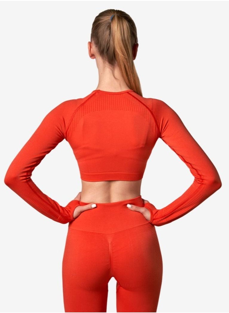 Bernessi Nylon Long Sleeve Crop Top with Round Neck Women's Cropped T Shirt for Workout Yoga Running Exercise Red Tangerine Color  - Image 2