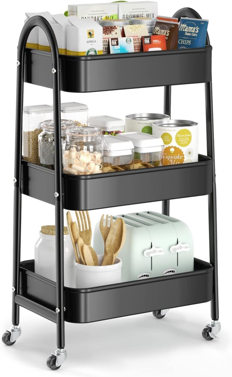 Smart Saver 3 Tier Utility Rolling Cart, Metal Storage Cart with Handle | Lockable Wheels,Multifunctional Storage Organizer Trolley Mesh Baskets for Office, Bathroom, Kitchen, Books Shelf Rack,Black - Image 1