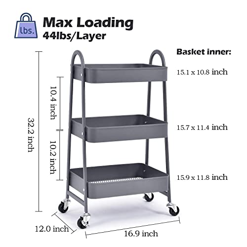 Smart Saver 3 Tier Utility Rolling Cart, Metal Storage Cart with Handle | Lockable Wheels,Multifunctional Storage Organizer Trolley Mesh Baskets for Office, Bathroom, Kitchen, Books Shelf Rack,Black - Image 3
