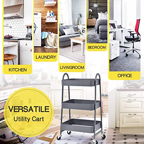 Smart Saver 3 Tier Utility Rolling Cart, Metal Storage Cart with Handle | Lockable Wheels,Multifunctional Storage Organizer Trolley Mesh Baskets for Office, Bathroom, Kitchen, Books Shelf Rack,Black - Image 5