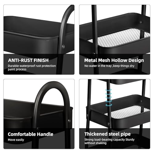 Smart Saver 3 Tier Utility Rolling Cart, Metal Storage Cart with Handle | Lockable Wheels,Multifunctional Storage Organizer Trolley Mesh Baskets for Office, Bathroom, Kitchen, Books Shelf Rack,Black - Image 2