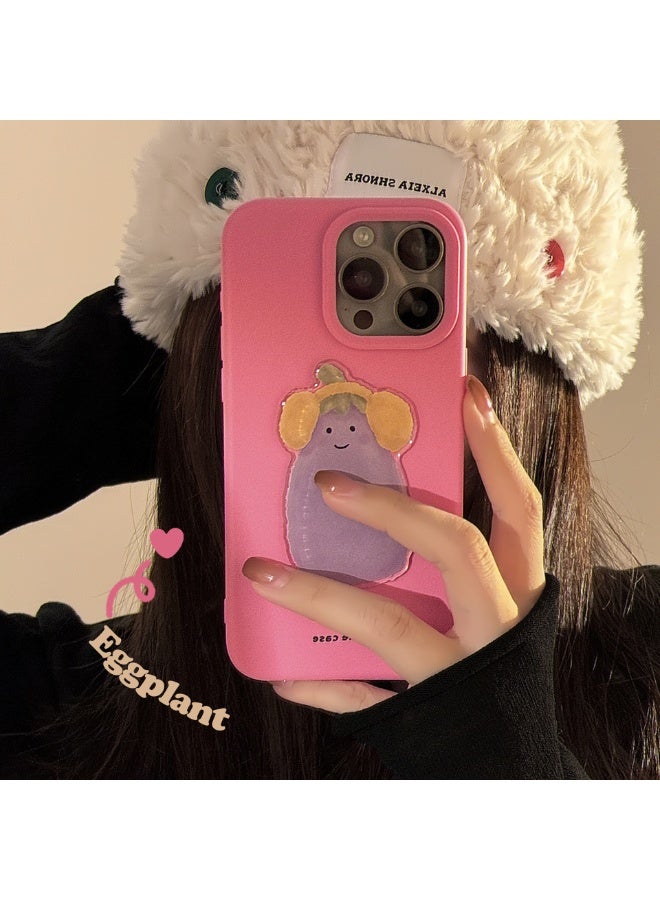 NIBEMINENT Cute Earphones Like Eggplants Protective TPU Case Cover For iPhone 16 Pro Max, Rose Pink - Image 1