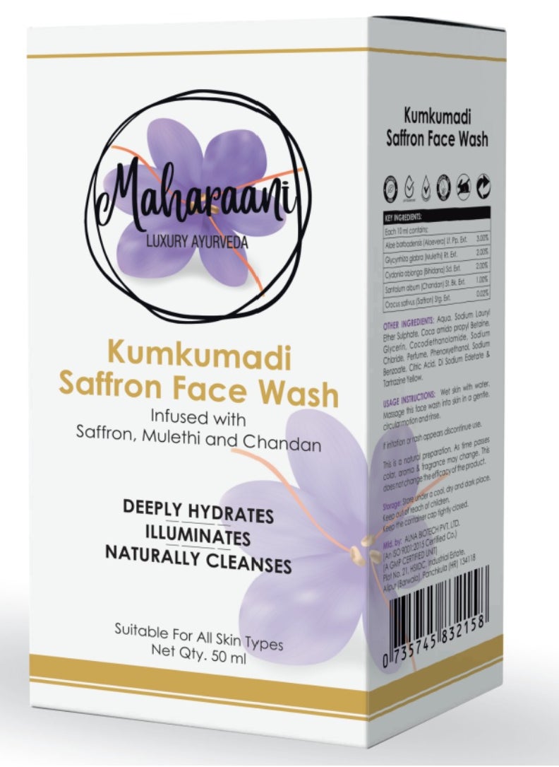 Maharaani - Maharaani Kumkumadi Saffron Face Wash Ayurvedic Skincare Elixir for Radiant Youthful Skin Luxurious Saffron Infused Face Cleanser Suitable for All Skin Types Vegan and Cruelty Free 50 ml - Image 1