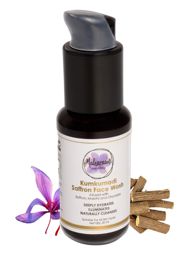 Maharaani - Maharaani Kumkumadi Saffron Face Wash Ayurvedic Skincare Elixir for Radiant Youthful Skin Luxurious Saffron Infused Face Cleanser Suitable for All Skin Types Vegan and Cruelty Free 50 ml - Image 1