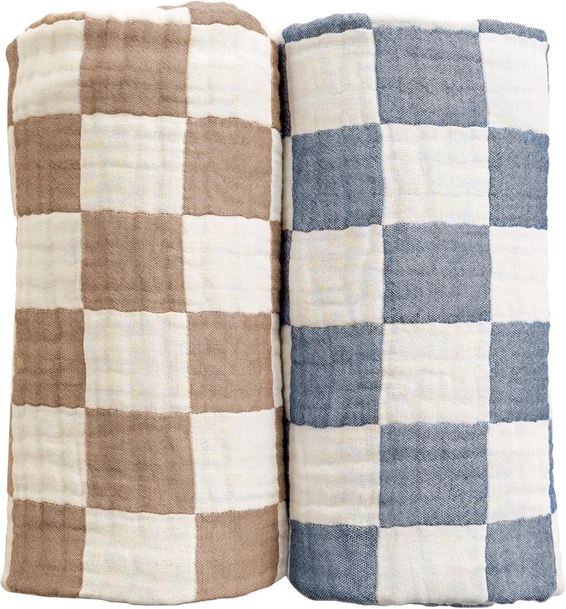 REPRECONF Ultra Soft Checkered Muslin Baby Blanket Pack of 2 Cotton Swaddles Bed Blankets for Babies and Toddlers Boys Newborn 42 x 42 inches Blue and Coffee - Image 1