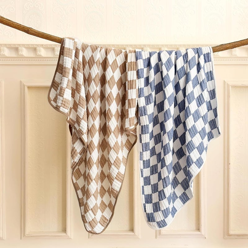 REPRECONF Ultra Soft Checkered Muslin Baby Blanket Pack of 2 Cotton Swaddles Bed Blankets for Babies and Toddlers Boys Newborn 42 x 42 inches Blue and Coffee - Image 2