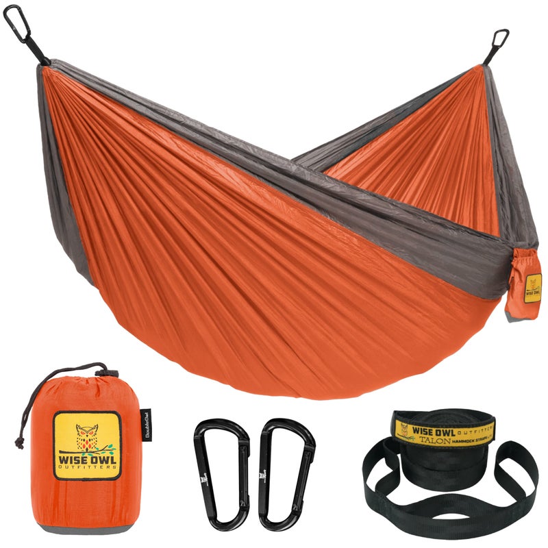 Wise Owl Outfitters Wise Owl Outfitters Camping Hammock - Portable Hammock Double Hammock Camping up to 500lbs, Accessories for Outdoor, Indoor w/Tree Straps, Double Orange & Grey  - Image 1