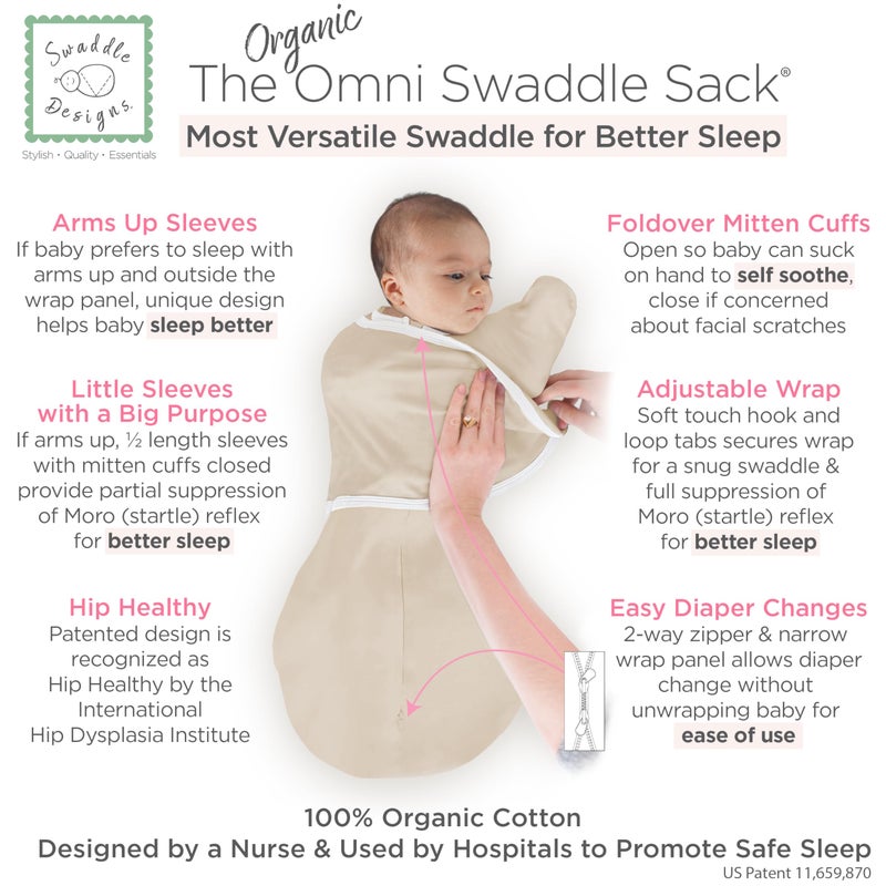 SwaddleDesigns Organic 6-Way Omni Swaddle Sack, Arms Up Swaddle for Newborn, More Options to Calm Startle Reflex, Improves Sleep, Small, 0-3 mo, 6-14 lbs, Sand Dollar - Image 2