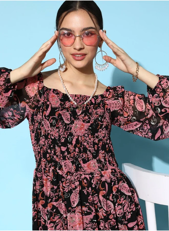 آي شين Aline Fit Self Design Pattern Square Neck Neck Long Sleeves BLACK Colour Woven Georgette Dresses for Women with Semi Elastic Closure - Designed with Style and Comfort