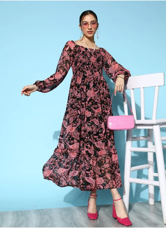 ISHIN Aline Fit Self Design Pattern Square Neck Neck Long Sleeves BLACK Colour Woven Georgette Dresses for Women with Semi Elastic Closure - Designed with Style and Comfort
