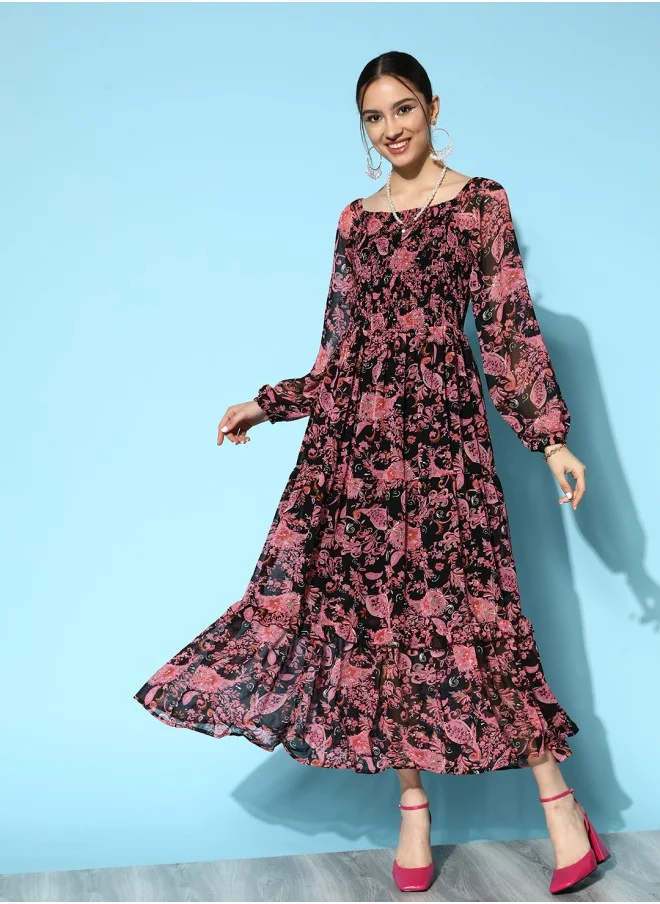 ISHIN Aline Fit Self Design Pattern Square Neck Neck Long Sleeves BLACK Colour Woven Georgette Dresses for Women with Semi Elastic Closure - Designed with Style and Comfort