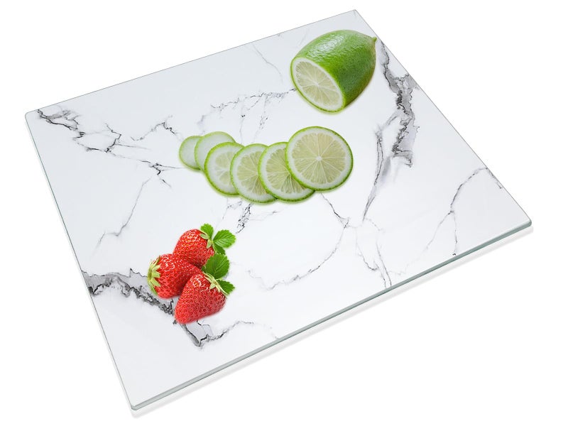 JAMBALAY Tempered Glass Cutting Board for Kitchen 12x 16 White Glass Cutting Board with Design Marble Chopping Board with NonSlip Foot Heat Shatter Resistant Dishwasher Safe