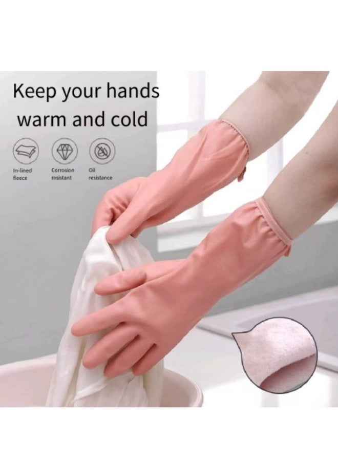 Generic Household Dishwashing Gloves Plus Velvet Thick Waterproof Durable Cleaning Gloves Kitchen Cleaning Gloves Pink  - Image 2