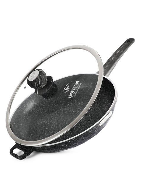 LIFE SMILE Frying Pan Big Size With Lid - Multi Layer Granite Coating Fry Pan | 100% PFOA FREE | Heat-Resistant Handle Hanging Loop | Induction Base (Dark Black, 32 CM (4 Liters))