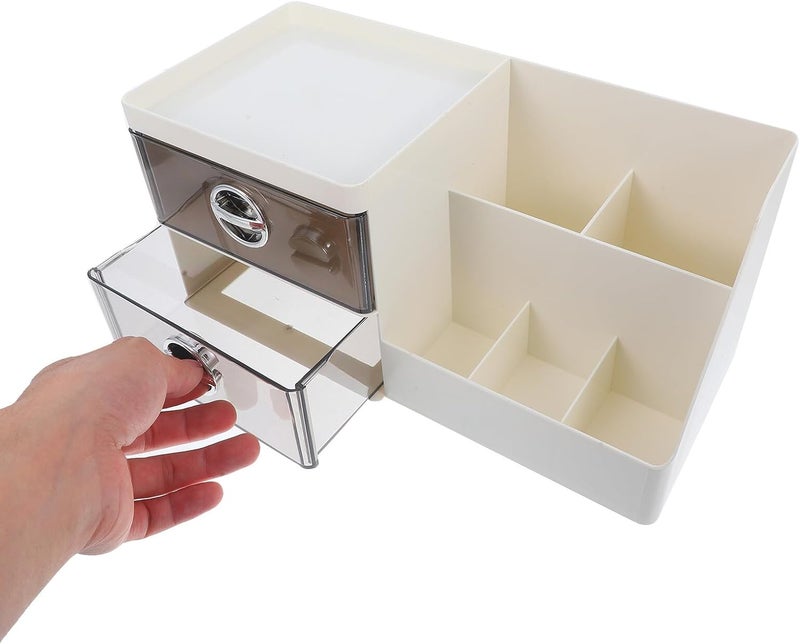 Makeup Desk Organizer with Drawer, Small Cosmetic Storage Box, Gray and White Desktop Organizer for Vanity and Bathroom Accessories - Image 4