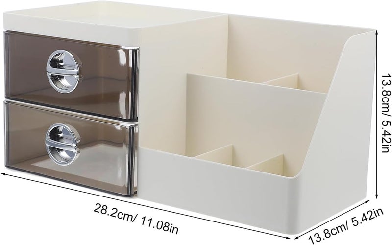 Makeup Desk Organizer with Drawer, Small Cosmetic Storage Box, Gray and White Desktop Organizer for Vanity and Bathroom Accessories - Image 2