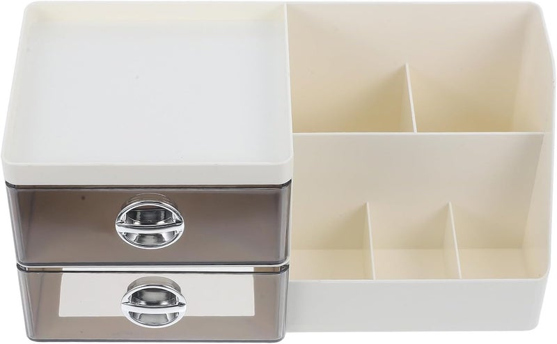Makeup Desk Organizer with Drawer, Small Cosmetic Storage Box, Gray and White Desktop Organizer for Vanity and Bathroom Accessories - Image 1