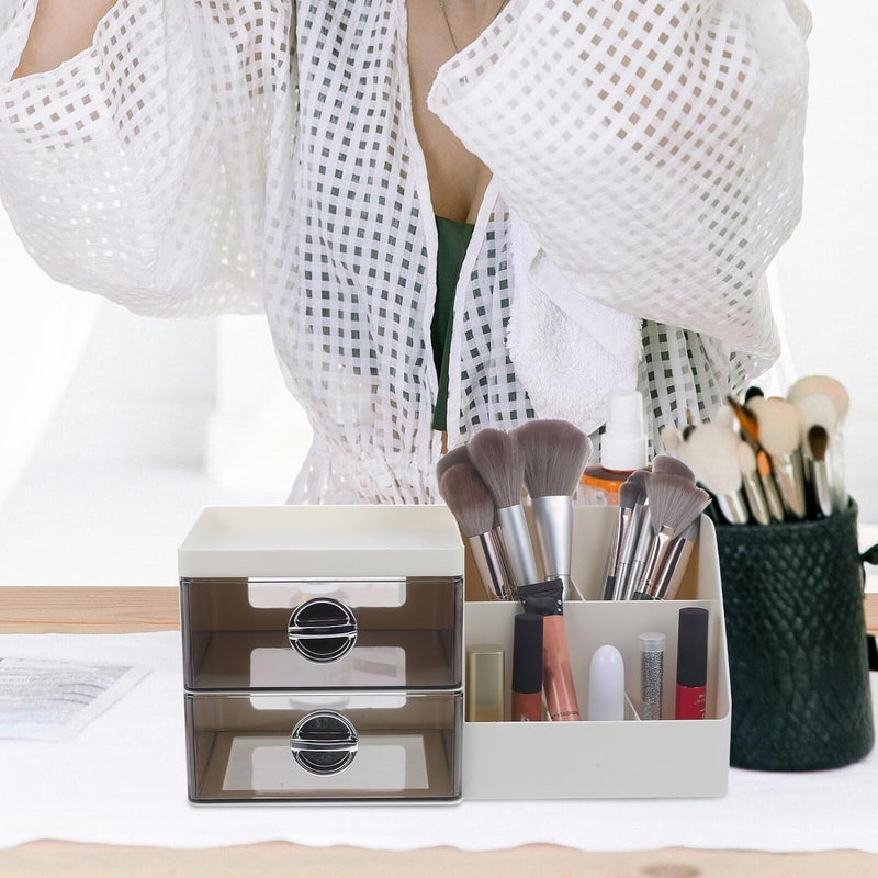 Makeup Desk Organizer with Drawer, Small Cosmetic Storage Box, Gray and White Desktop Organizer for Vanity and Bathroom Accessories - Image 5