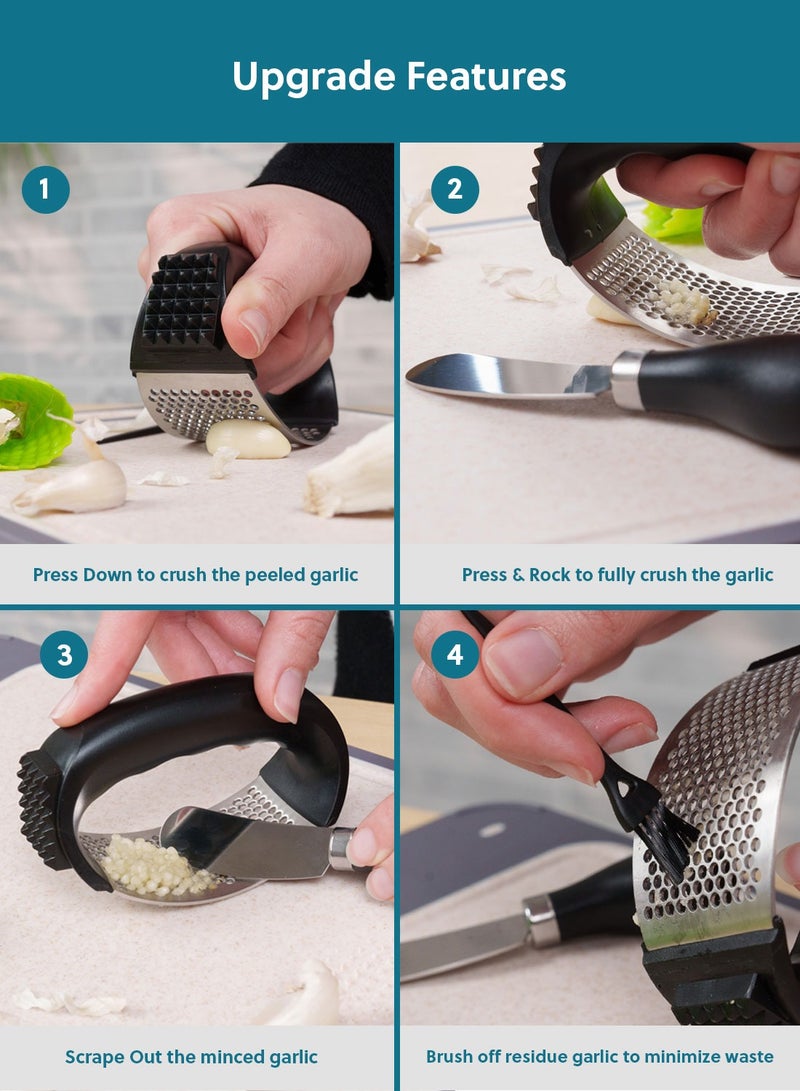 ZYMTA 4-in-1 Garlic Press Set | Stainless Steel Crusher, Peeler, Scraper & Cleaning Brush for Easy Mincing - Dishwasher Safe - Image 5