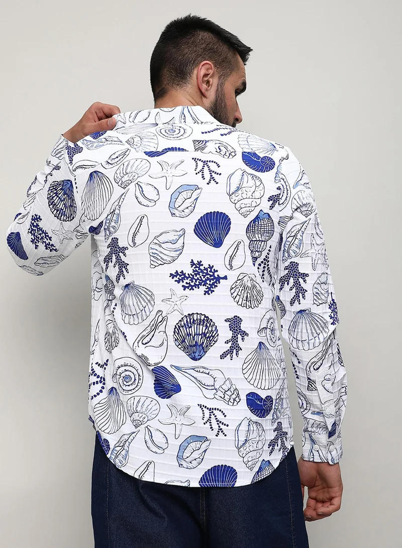 Campus Sutra Campus Sutra Men's Chalk White:Indigo Blue Seashell Shirt For Casual Wear | Spread Collar | Long Sleeve | Button Closure | Shirt Crafted With Comfort Fit For Everyday Wear