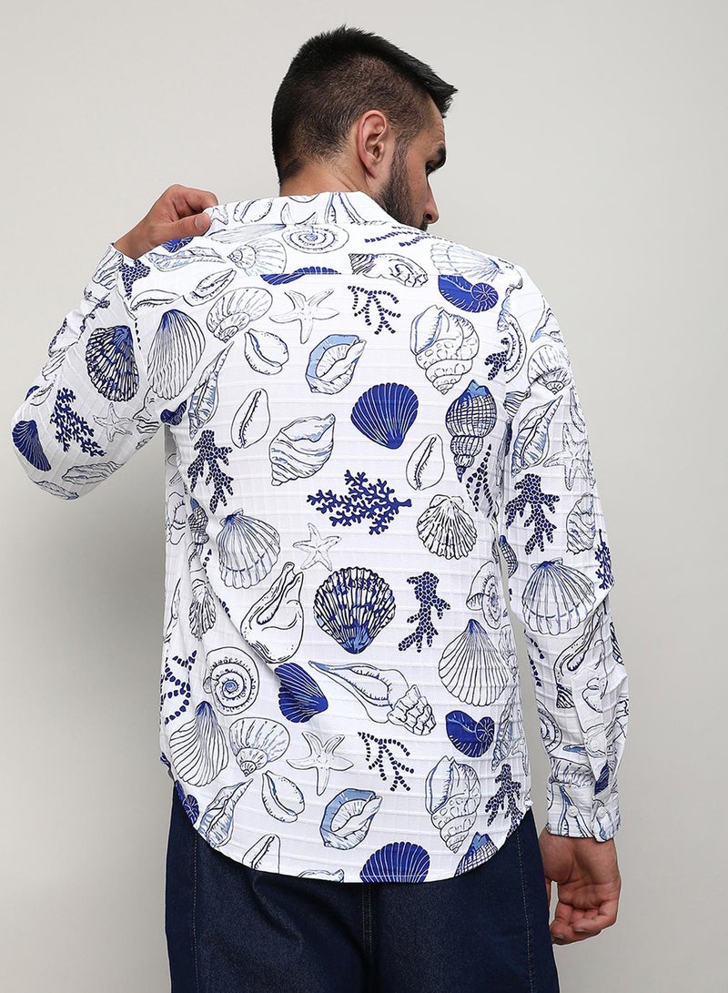 Campus Sutra Campus Sutra Men's Chalk White:Indigo Blue Seashell Shirt For Casual Wear | Spread Collar | Long Sleeve | Button Closure | Shirt Crafted With Comfort Fit For Everyday Wear  - Image 5