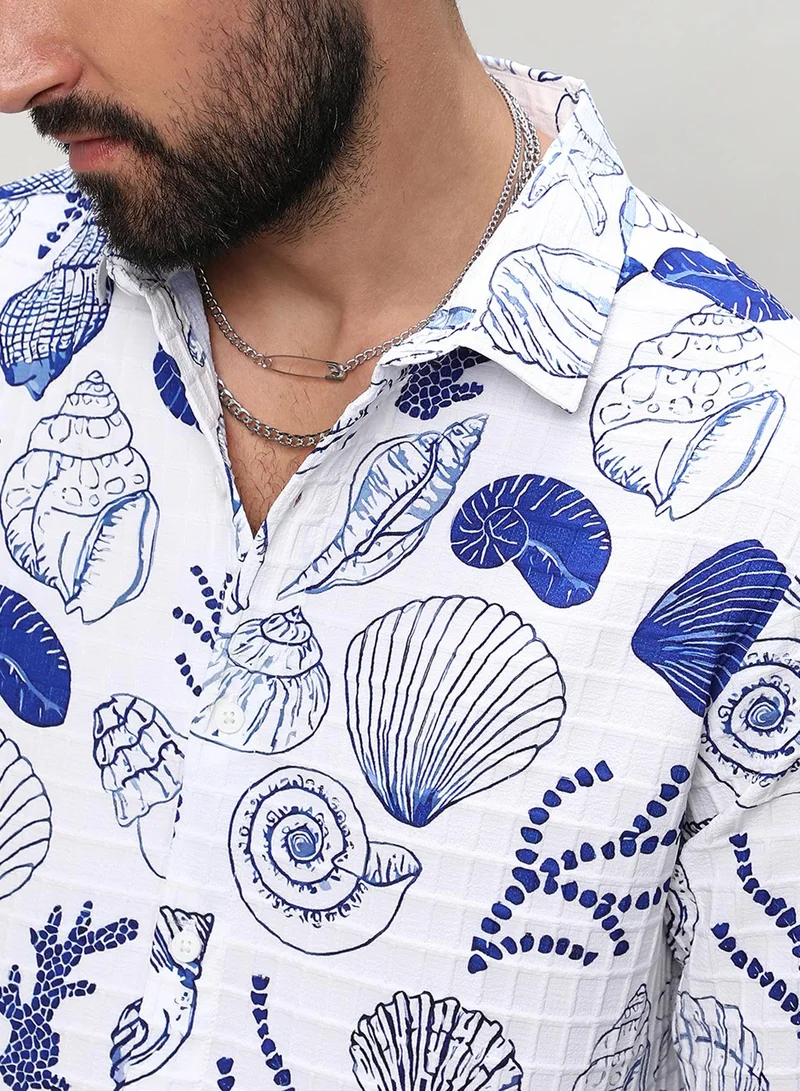 Campus Sutra Campus Sutra Men's Chalk White:Indigo Blue Seashell Shirt For Casual Wear | Spread Collar | Long Sleeve | Button Closure | Shirt Crafted With Comfort Fit For Everyday Wear