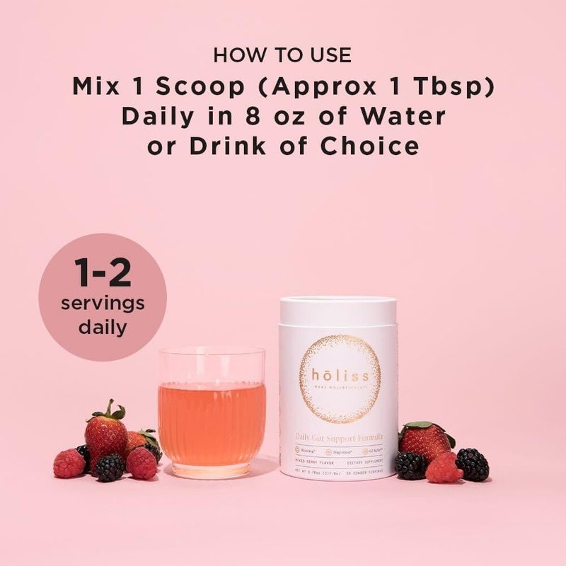 HOLISS Daily Gut Health Powder 6in1 All Natural Supplement Slippery Elm L Glutamine Lemon Balm with PepZinGI  Bloat  Gas Relief GI Lining Repair IBS Support  Mixed Berry 30 Servings - Image 5