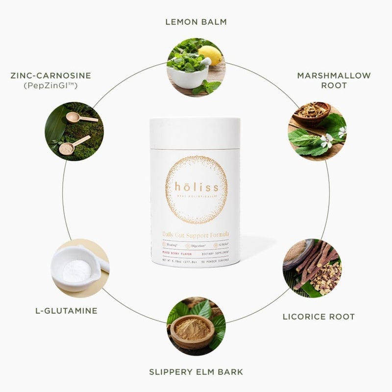 HOLISS Daily Gut Health Powder 6in1 All Natural Supplement Slippery Elm L Glutamine Lemon Balm with PepZinGI  Bloat  Gas Relief GI Lining Repair IBS Support  Mixed Berry 30 Servings - Image 4