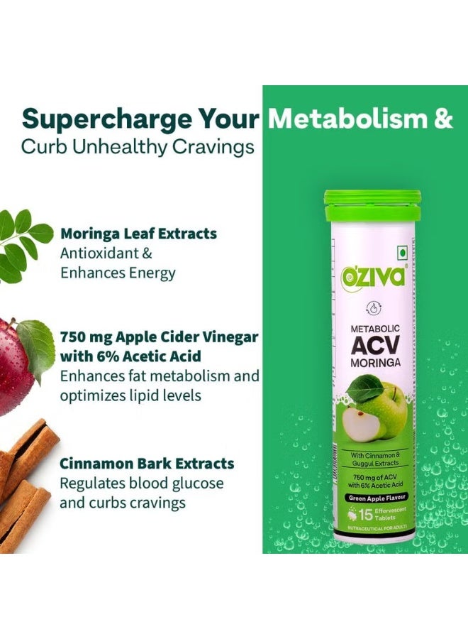 OZiva Acv Moringa|Control Cravings I Apple Cider Vinegar,Cinnamon,Guggul I No Maltodextrin & No Added Sugar I 15 Effervescent Tablets - Green Apple,Pack Of 8 (120 Tablets) - Image 2