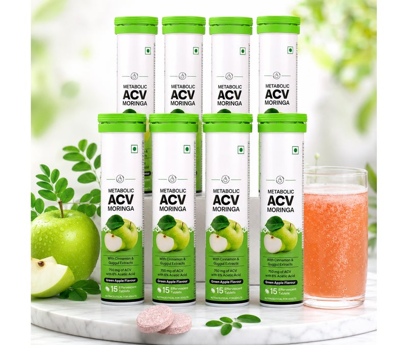 OZiva Acv Moringa|Control Cravings I Apple Cider Vinegar,Cinnamon,Guggul I No Maltodextrin & No Added Sugar I 15 Effervescent Tablets - Green Apple,Pack Of 8 (120 Tablets) - Image 1