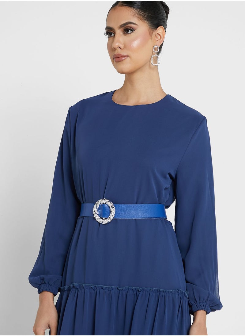 Chiffon Tiered Dress With Belt